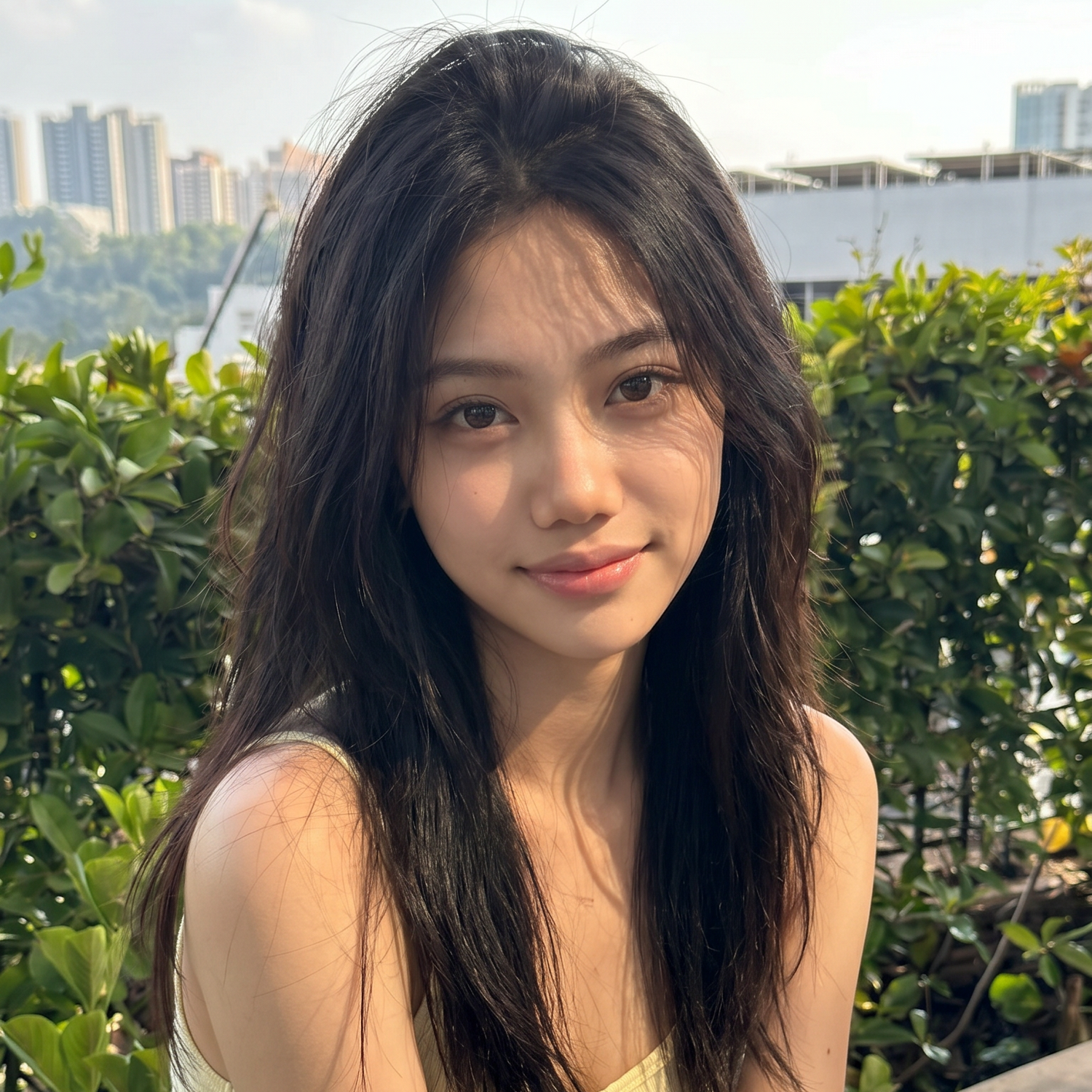 Woman with long dark hair standing outdoors with greenery and buildings in the background
