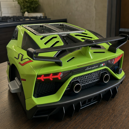 A bright lime green Lamborghini Aventador S remote control car with black details, shown from the rear three-quarter view on a wooden table in a kitchen setting.